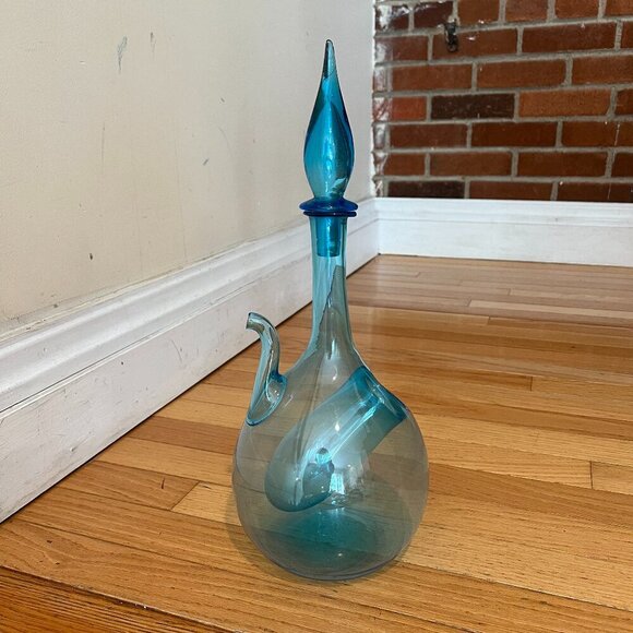 Vintage 1960's Bischoff Turquoise Pinched Center Glass Decanter With Stopper - Picture 1 of 9